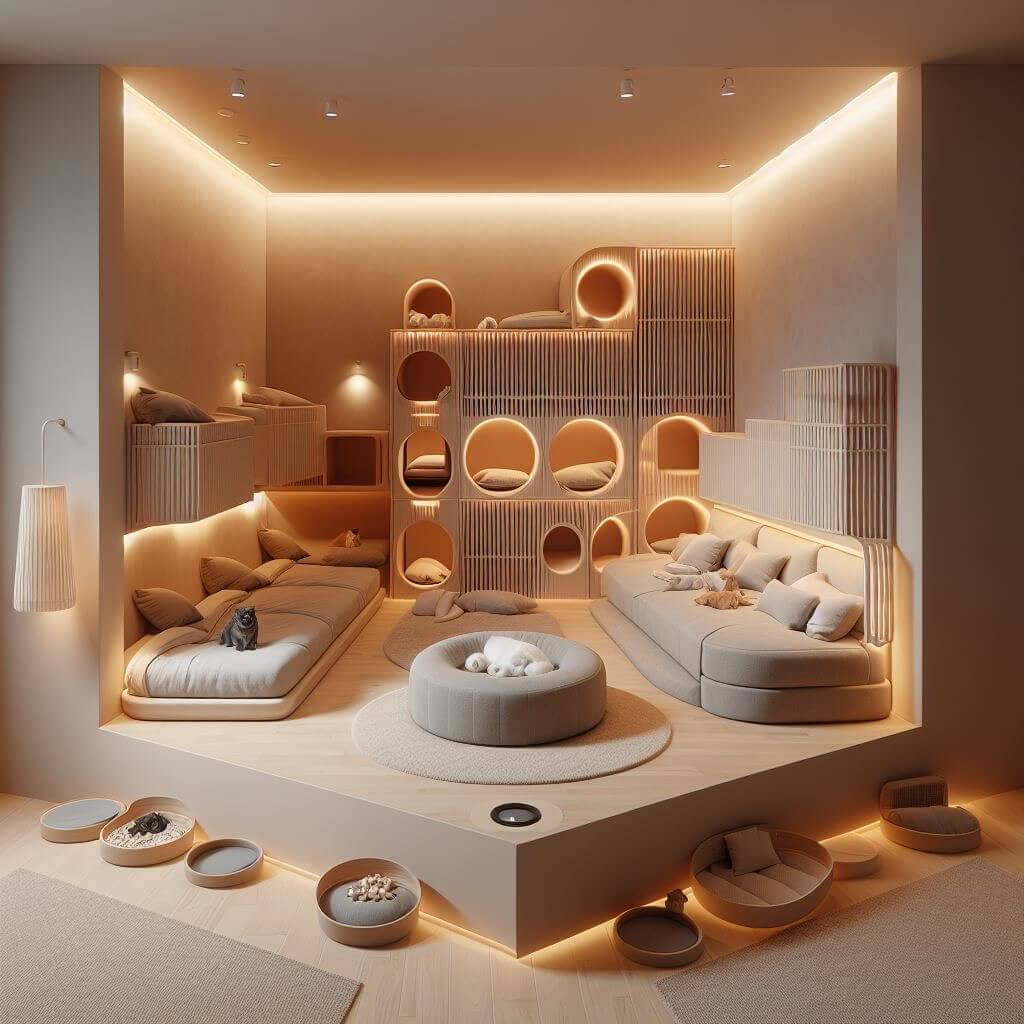 Habitación para mascotas con muebles circulares y una paleta de colores beige
