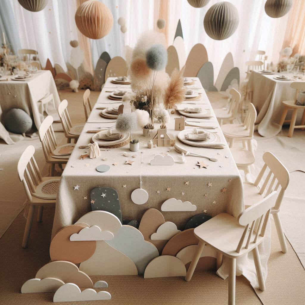 Elegante decoración de mesa para evento con temática de cielo, incluyendo un mantel gris con estrellas y nubes, centros de mesa con flores secas y esferas colgantes en tonos neutros. El diseño crea una atmósfera serena y estilizada, ideal para celebraciones sofisticadas.