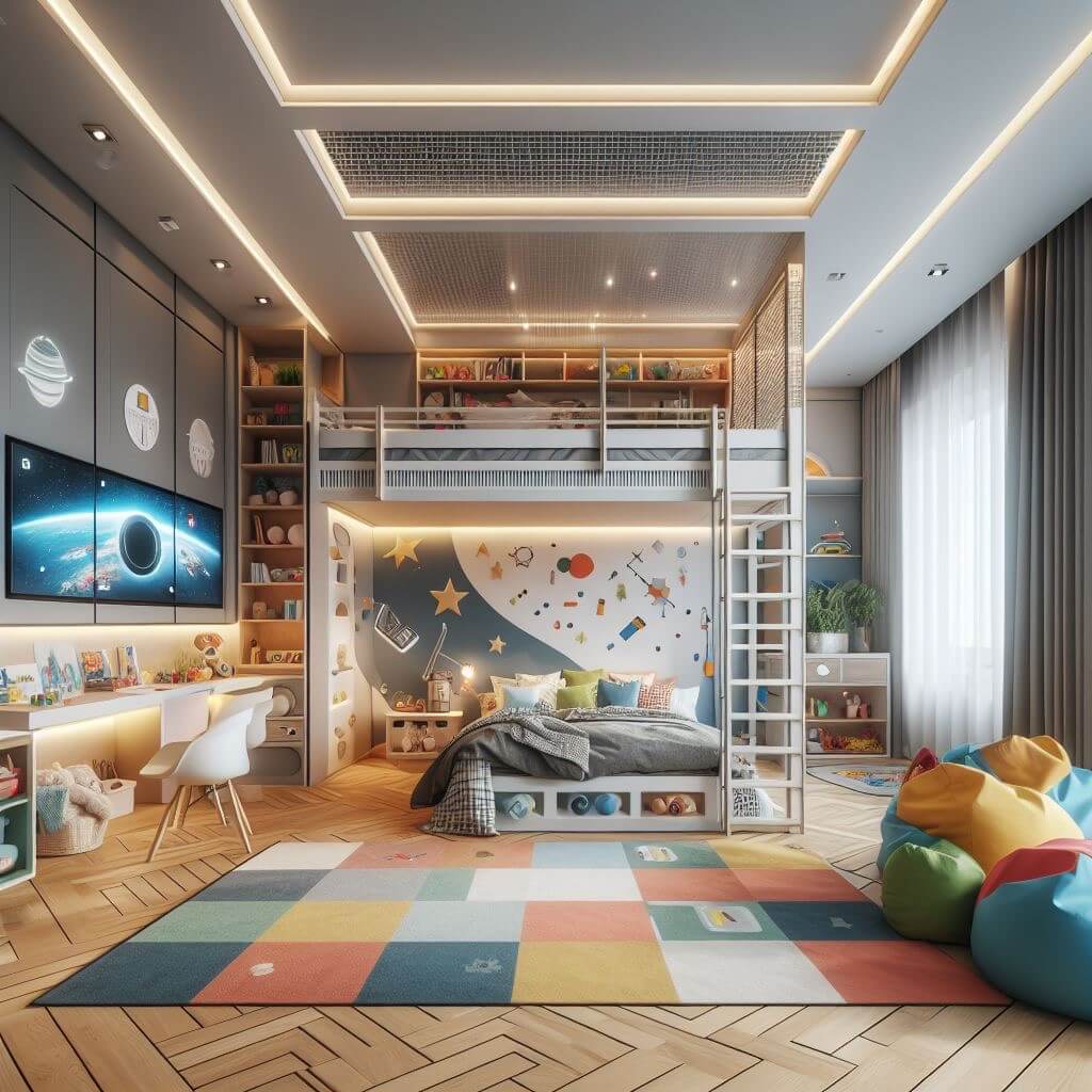 Habitación infantil moderna con temática espacial, que incluye una litera con diseño de estrellas y planetas, un área de estudio con computadora y libros, una alfombra de patrón geométrico colorido en el suelo y sillas de bolsa de frijoles juguetonas. La habitación está bien iluminada con luz natural de la ventana y luces LED en el techo.