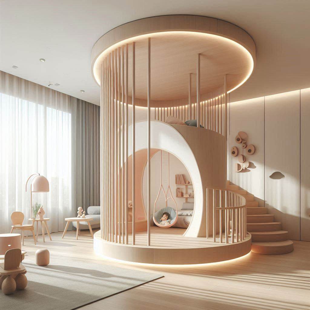 Diseño arquitectónico infantil moderno y lúdico. Destaca una estructura cilíndrica central con escalones integrados que conducen a un nivel superior. La estructura está acentuada con una iluminación cálida e incluye un recorte circular con un columpio acogedor en su interior. Alrededor del área, hay juguetes y muebles de madera de tonos suaves, complementados con cortinas claras, creando un espacio de juego acogedor e imaginativo.