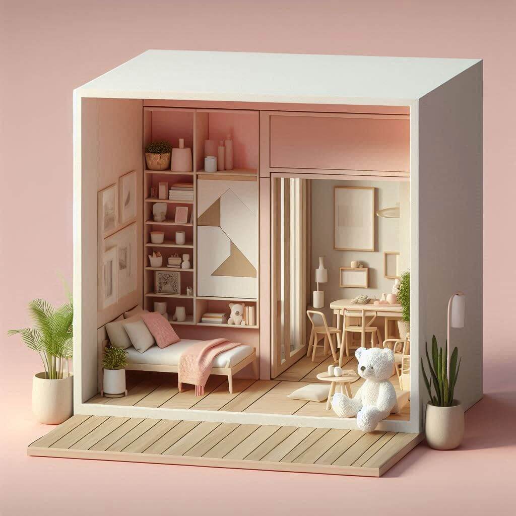Imagen de una maqueta tridimensional de diseño de interiores en tonos pasteles, con un estilo minimalista y moderno. El espacio está bien organizado y presenta una sala de estar con un sofá blanco adornado con una manta rosa y una almohada, junto a una estantería llena de libros y objetos decorativos. Hay obras de arte geométricas en la pared, y el área se divide por puertas corredizas que llevan a otro espacio con mesa y sillas. El suelo es de madera clara, complementando la paleta de colores suaves. En primer plano hay plantas verdes que añaden un toque natural al ambiente, así como un osito de peluche blanco sentado en el suelo, lo que sugiere que el espacio también está pensado para ser acogedor para los niños.