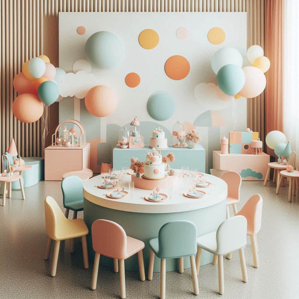 Imagen de una ambientación de eventos con un diseño moderno y estético. Se observa una sala decorada con globos en tonos pastel de azul, naranja y blanco, suspendidos en el aire y adheridos a la pared en un patrón aleatorio. En el centro hay una mesa redonda con sillas a juego en colores pastel, sobre la cual se encuentra una vajilla elegante y arreglos florales discretos. Al fondo, se aprecia otra mesa más grande decorada con pasteles, dulces y cajas de regalo que siguen la paleta de colores del evento. El espacio es luminoso y acogedor, ideal para celebraciones íntimas o eventos sofisticados.