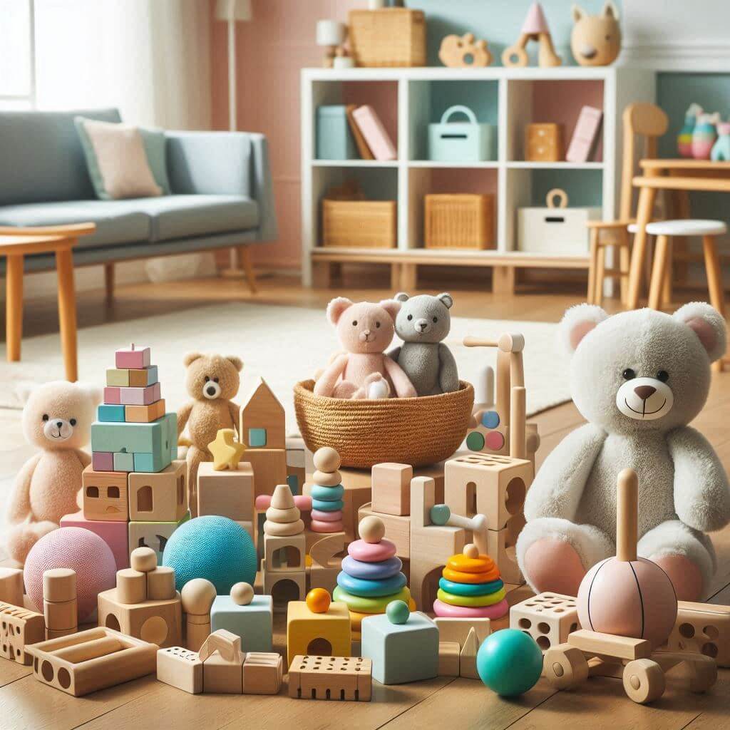 Imagen de una colección de juguetes de diseño en una habitación infantil bien iluminada. Incluye osos de peluche, bloques de construcción de madera en tonos naturales y pastel, figuras geométricas suaves y un canasto con muñecos animales. El conjunto está dispuesto sobre un suelo de madera con estanterías y más juguetes al fondo, creando un ambiente acogedor y estimulante para el juego creativo.