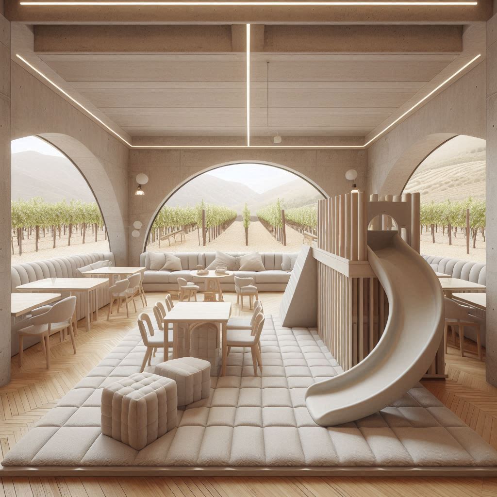 Espacio lúdico inmerso en un elegante restaurant de bodega. Elementos acolchonados de colores neutros y acordes al sofisticado ambiente del Restaurant.