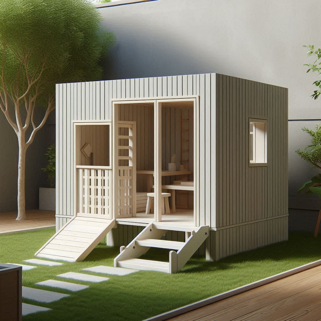 Casita de exterior para niños con un diseño moderno y minimalista. La estructura cúbica tiene un techo plano y está construida con listones verticales de madera pintados en gris claro. La casita tiene una entrada principal sin puerta con una rampa de madera y barandillas, una ventana abierta sin vidrio en un costado y un estante visible en el interior. 
