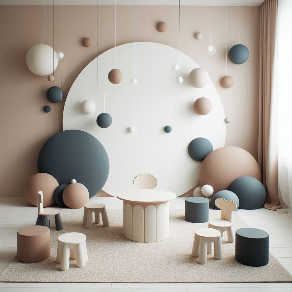 Evento decorado con la temática de “Círculos”. En el centro, hay un gran fondo circular en tonos neutros, con varias esferas más pequeñas suspendidas frente a él a diferentes alturas, creando un efecto tridimensional. La habitación está llena de muebles que siguen el motivo circular, incluyendo mesas redondas y taburetes cilíndricos en tonos suaves de beige, crema y gris claro.